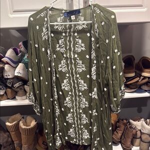 Blue Rain Olive Green Embroidered Poncho